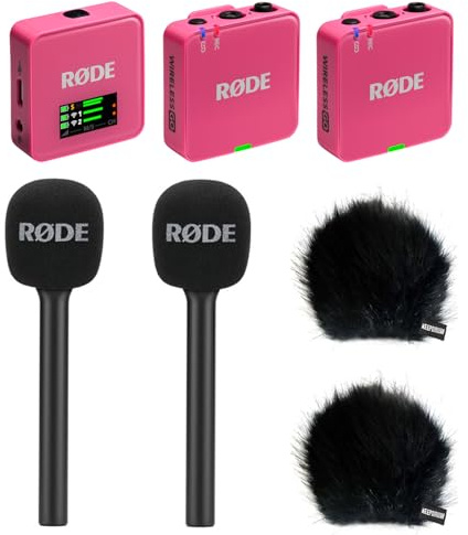 Rode Wireless GO Gen 3 - Sistema radio wireless a 2 canali, colore: Rosa con 2 adattatori a mano e 2 paravento Keepdrum BK
