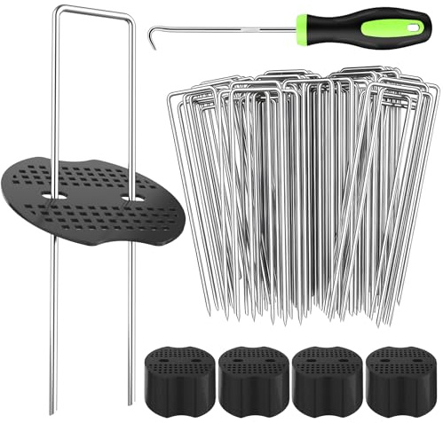 YAOBLUESEA Lot de 200 Grapas en Forma de U de Acero Galvanizado(150x30mm, Ø3mm), Piquetas de Jardín con 100 Arandelas y 1 Gancho Extractor para Malla Antihierbas Césped Artificial Tuberías de Riego