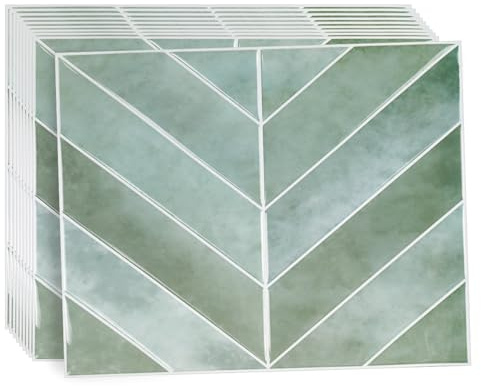 Stick on Tiles Kitchen, 10pcs 3D Self Adhesive Wall Tiles, Green Peel and Stick Herringbone Backsplash Tile for Bathroom Sink Living Room RV - 29x22.9cm
