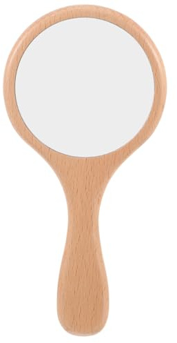 HOMSFOU Specchio da Trucco Portatile Manico in Legno Stile Vintage, Design Compatto e Pratico per Uso Quotidiano e Viaggio