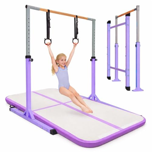 BREEZENEST Gymnastics Bar for Kids Ages 3-15, Adjustable Height 3' to 5' with Rings – Solid Wood Grip Gymnastics Equipment, Gymnastic Bar for Home, Gymnastics Bar, Gym Bars for Kids