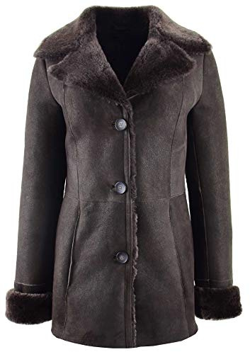 A1 FASHION GOODS Damen Echtes Schaffell Braune Jacke Klassisch Mac 3/4 Lang Graben Merino Shearling Zona