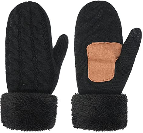 ITODA Handschuhe Winter Damen Fäustlinge Touchscreen Strickhandschuhe Plüsch Fausthandschuhe Strick Mädchen Winterhandschuhe Warm Dick Handwärmer Stretch Plüschhandscuhe Outdoor SMS Fahrrad Geschenk