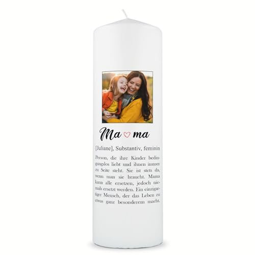 GRAVURZEILE Bedruckte Kerze - Mama Definition - Personalisiert mit Name & eigenem Foto - Schönes Geschenk für Mama und Oma zum Muttertag - Geschenke für Sie - Stumpenkerze 250/80