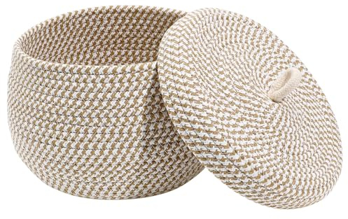 COLLBATH Cotton Rope Basket with Lid Mini Round Woven Storage Basket for Entryway Table Kitchen Counter 21 x 21 x 17 cm