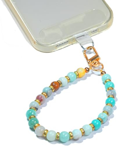 AMAYO - Naturstein Handykette Universal, Handyanhänger, Handy Perlen Schlüsselband, Handschlaufe, Armband, Handyband, kompatibel mit jedem Handy, Smartphone und Handy Hülle (Mixed Amazonite)