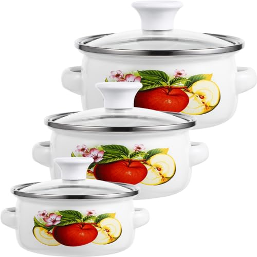 3pcs Enamel Pan with Handle Soup Stew Dipping Pot Double Enamel Cooking Pot Vintage Cooking Pot Small Pot Retro Stock Pots Casserole Pot Broth Pot Boiler Pot Sauce Pot Flat Stove