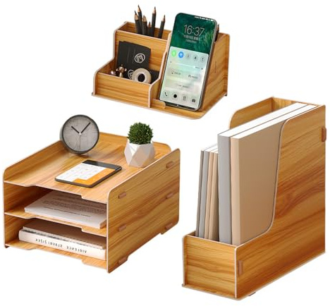 Schreibtisch-Organizer-Set aus Holz – 3-stufiger Brief-Organizer | A4-Dokumentenhalter/Stifthalter, Schreibtisch-Organizer und Bürobehälter