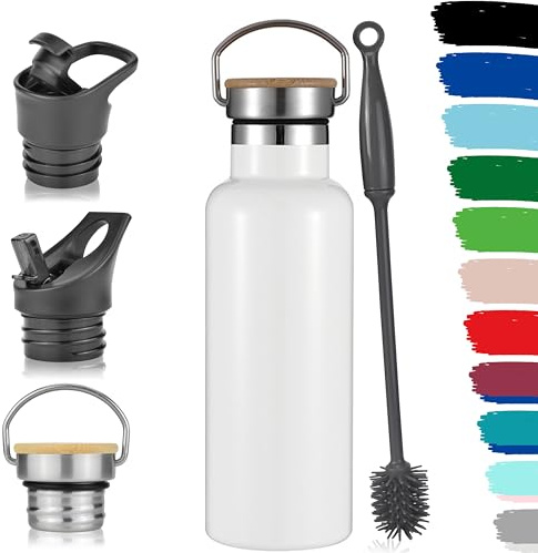 Milu Borraccia in acciaio inox, 350 ml, 500 ml, 750 ml, 1000 ml (+3 coperchio), thermos con cannuccia, borraccia isolata, a prova di perdite, a doppia parete (Bianco, 500 ml)