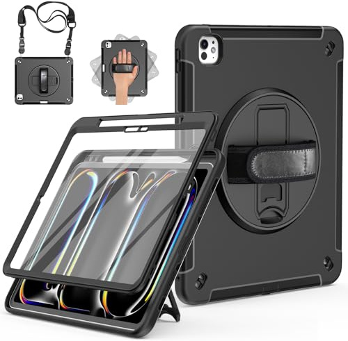 Miesherk Hülle für iPad Pro 13 Zoll 2025/2024 M5/M4 Schwarz | 3-schichte robuste stoßfest Case mit Displayschutzfolie, Stifthalter, 360° Drehbare Ständer/Handschlaufe, Schultergurt
