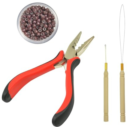 3-Hole Hair Extensions Pliers Tool Kit Hair Pliers Pulling Hook Bead Device and 200 pcs Silicone Lined Micro Rings (3mm Brown)