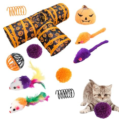Halloween-Katzentunnel-Spielzeugset – 3-Wege-Katzentunnel Mit Halloween-Thema, Halloween-Katzentunnel-Spielset, Glöckchen- Und Ball-Teaser-Spielzeugset, Halloween-Katzen-Aktivitätstunnel, Multi-Tunnel