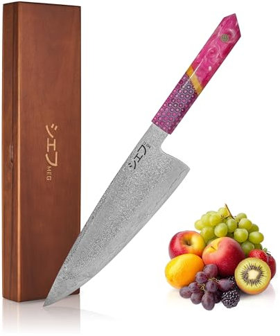 MEG Cuchillo Chef Gyuto Japones, Damasco con patrón gotas de lluvia – Acero Alto Carbono, Filo en V Profesional, Mango octogonal de Resina Rosa y Caja de Madera de Acacia – Cuchillo de Cocina Premium