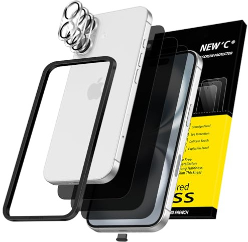 NEW'C 3x Privacy for iPhone 16 Screen Protector (6.1 inches)+ 3x Camera Lens Protector, Sensor Protection, Case Friendly Tempered Glass Film + Dust Plug - Easy installation tool included