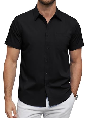 J.VER Hemden Herren Kurzarm Regular Fit Stretch Bügelleicht Freizeithemden Geeignet für Formelle Anlässe Hochzeiten Bar Mitzvahs,Schwarz,L