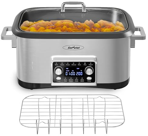 SUNVIVIPRO 12 in 1 Programmable 8 Quart Slow Cooker, Multi-Cooker Food Warmer with Digital Timer, Temp Control, Removable Cast Aluminum Pot & Dishwasher-Safe Tempered Glass Lid, Stainless Steel