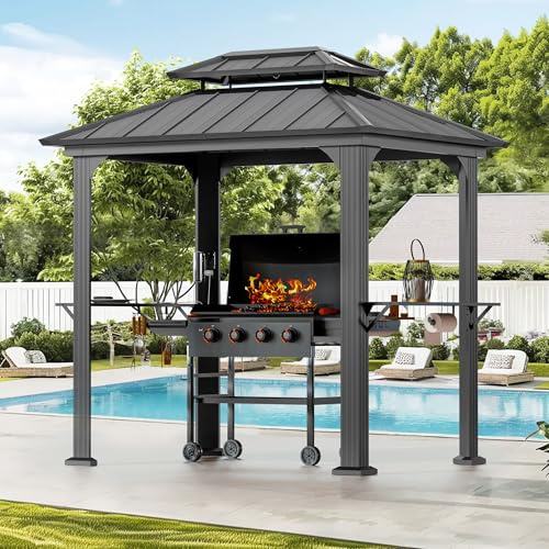 Moderner Grillpavillon aus Aluminium, 1,8 m x 2,4 m, robuste Hardtop-Baldachin mit Regalen und Haken, Grillpavillon für Terrasse und Rasen, wetterbeständiges Stahldach