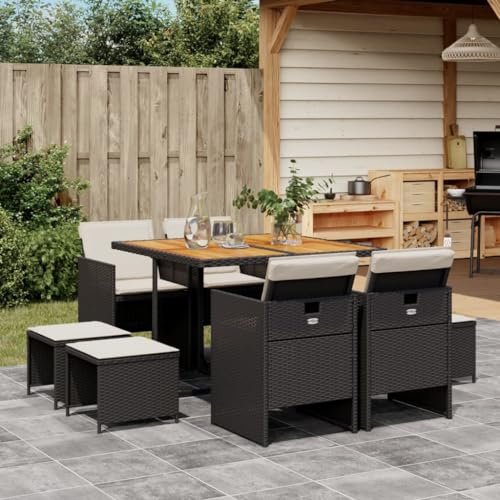 9 pezzi Gruppo da giardino nero in rattan sintetico con cuscino, sedie pieghevoli, spazio salvaspazio per terrazze, balconi, giardini, ideali per interni all'aria aperta
