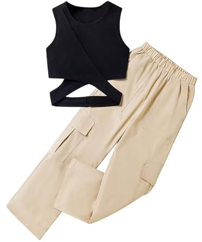 Chándal para niña, ropa deportiva, chándal, traje deportivo para niños, conjunto de 2 piezas para niñas con camiseta sin mangas, acanalada sin mangas, pantalones cargo, caqui, 9-10 años