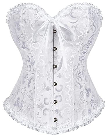 SZIVYSHI Women's Overbust Sweetheart Lace Up Plastic Bones Corset Bustier Top,White,M