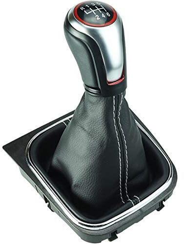 Schaltknauf Schaltsack Schaltmanschette Rahmen 6 Gang Silber - Roter Ring - weiße Naht
