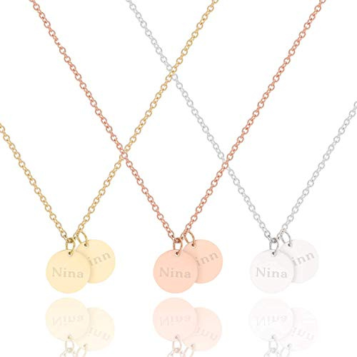 NOVA – Personalisierte Kette mit Gravur für Damen | 2x 10mm Anhänger für Namen | Geschenk für Geburtstag, Valentinstag, Muttertag, Jahrestag | Edelstahl Silber, 18K Vergoldet & Rosévergoldet | Schmuck