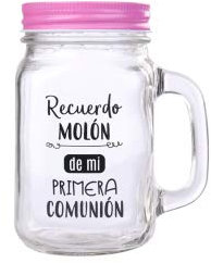 DISOK Lote de 18 Jarra Cristal con Caña Recuerdo Molón Color Rosa - Jarras con Frases, Tazas Originales para Detalles, Recuerdos y Regalos de Comuniones (Rosa)