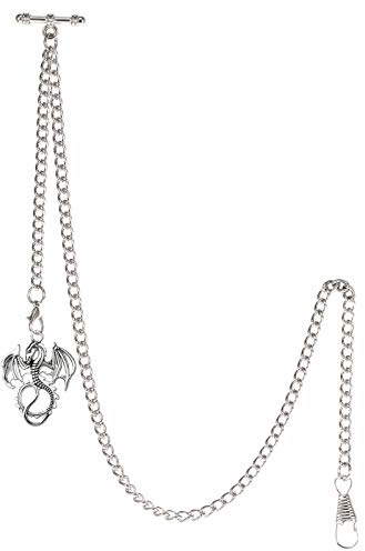 TREEWETO Men's Albert Chain Pocket Watch Curb Link Key Chain 2 Hooks with Antique Dragon Silver Pendant Design Charm Fob T Bar