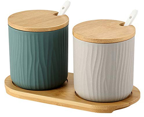 OnePine Lot de 2 Pot à épices Sel Spice Jar Condiments boîte Bol à Sucre Cuillère en céramique et Couverture de Bambou