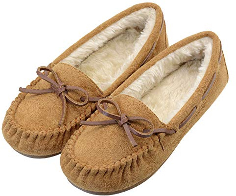 Vonair Women's Moccasin Slippers Micro Suede Warm Faux Fur Pile Lined Lace-Up Bow Cozy Indoor & Outdoor Moccasins Slip On Loafers Shoes for Women Tan US 7