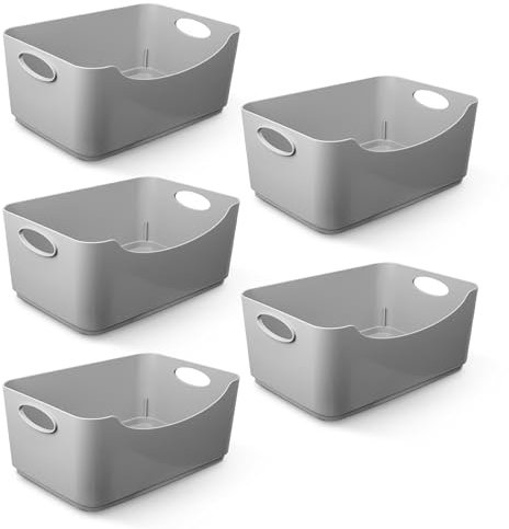 KEPLIN 5 Pack Grey Plastic Studio Storage Basket, Portable Container Boxes with Handles for Storage Organisation in Home & Office, Shelfs, Drawers, Kitchen & Cupboards (25.5x17x11cm)