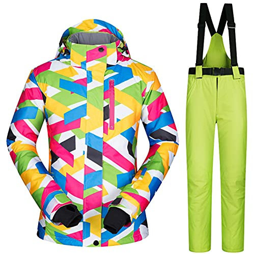 Damen Skijacke und Hose im Set, wasserdicht, winddicht, Snowboarden, bunt bedruckt, Schneeanzug, Kapuzenmantel, Reißverschluss, Grün, Größe S