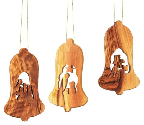 KASSIS Geschenkartikel Olivenholz Weihnachtsdeko Baumschmuck 3er Set Krippe Anhänger Heilige Familie Hirte und DREI Könige mit Rinde handgemacht in Bethlehem 11,5 cm (Glocke ohne Rinde)