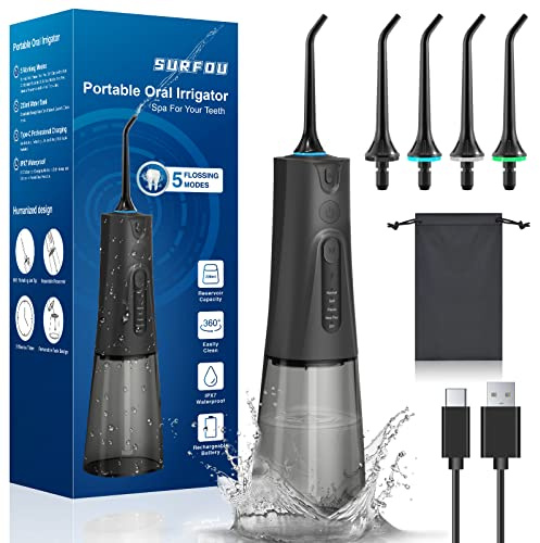 SURFOU Munddusche Kabellos Mundduschen 230ML 5 Modi 7 Düsen, Mundduschen Testsieger 2023 Reise Water Flosser IPX7 Wasserdicht USB TYP-C wiederaufladbar für Reisen & Hause
