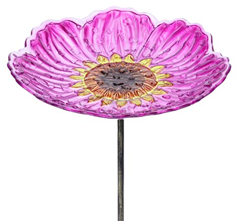 MUMTOP Vogeltränke aus Glas für den Außenbereich, 30,5 cm, Vogeltränke mit Metallpfahl, Sonnenblumen-Vogelfutterspender für Garten und Terrasse