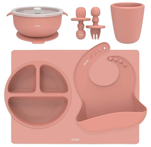OLGS Silikon Kindergeschirr 6er Set für Baby & Kind | Kinder Geschirr, Teller, Becher, Tischset | Lätzchen, Schüssel mit Saugnapf, Kinderbesteck PREMIUM BPA Frei Rosa | Geschirrset ab 6 Monate (Muted)