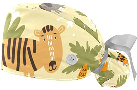 2 Packungen Arbeitskappe mit Knöpfen und Band für Frauen langes Haar, verstellbares Baumwollschweißband Pferdeschwanzhalter, Raffhalter Hüte, Cartoon Giraffe Zebra Elefant Schlange Zoo