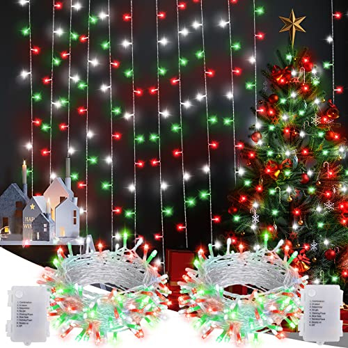 echosari 2 Pack Christmas String Lights Battery Operated, 100 LED Red White Green String Lights 10M Clear Wire with Timer for Home Xmas Tree Garland Holiday Decoration