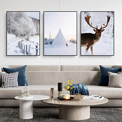 Martin Kench 3er Poster Set, Modern Winter-Schnee-Szene,Tannenzapfen Elch Wald Wandbilder Ohne Rahmen Bilder Deko für Wohnzimmer Schlafzimmer (B,21x30cm)