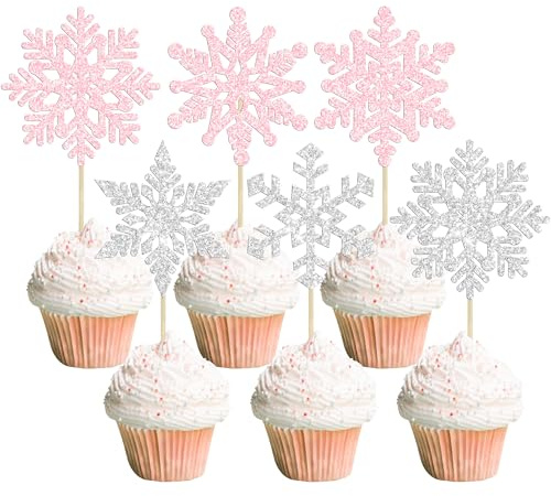 Gyufise 36 Stück Schneeflocken-Cupcake-Topper Silber Hellrosa Glitzer Winter Frozen Thema Schneeflocke Cupcake Picks Dekoration für Babyparty Kinder Geburtstag Weihnachten Party Dekorationen Zubehör
