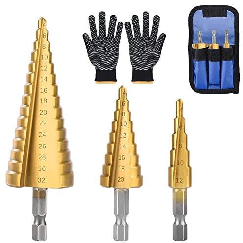 Norhogo HSS Stufenbohrer Set 3tlg, 4-12 mm/4-20mm/4-32mm Dreieckiger Metallbohrer, Schälbohrer ideal für Metall, Holz, Kunststoffe - Blechbohrer, Konusbohrer Gold
