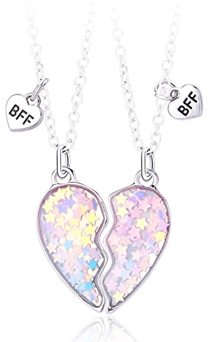 Friendship Necklace for 2 Girls - Heart Shaped Shiny Star Bff Necklaces | Matching Best Friend Girls Gifts for Kids Teens & Women