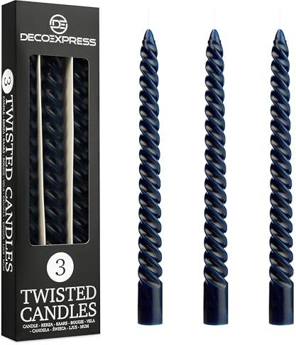 DECO EXPRESS Dinner Candles Pack of 3 or 6 Twisted Non Drip Coloured Spiral Candles Long Lasting 6 Hours Burn Non Scented (Blue, Pack of 3)