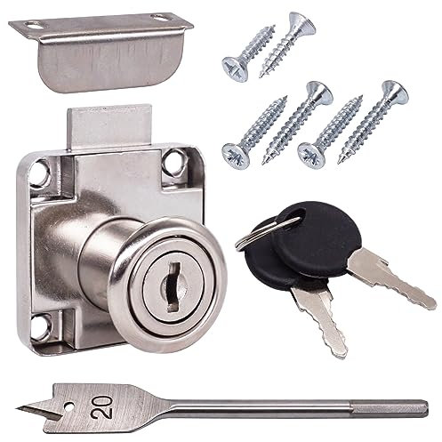 SKIR'CO (4 Stück) Schrankschloss 21mm mit Schlüssel, Schubladenschloss, Möbelschloss Zylinder 19mm Durchmesser, Nockenschloss Schublade (Bohrkrone inklusive)