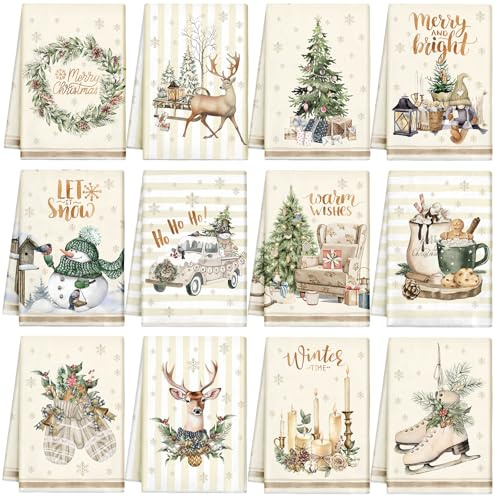 Weihnachtliche Küchentücher und Geschirrtücher, saugfähig, Weihnachtsbaum, Rentier, LKW, Dekoration, Weihnachten, Geschenk, 36 x 54 cm (niedlicher Stil), 12 Stück | Mikrofaser-Geschirrtücher, Let It Snow-Thema, Baum, Rentier, LKW, Urlaub, Weihnachten, Küche, Geschenk, Zubehör, Heim-Set
