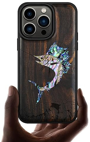 Carveit Bois Etui pour iPhone 14 Pro Magnétique Coque, Incrustation de Coquille Protection de Téléphone Antichoc Compatible avec Apple 14 Pro Étui Magsafe (Bois Sombre-Marlin en Plein essor)
