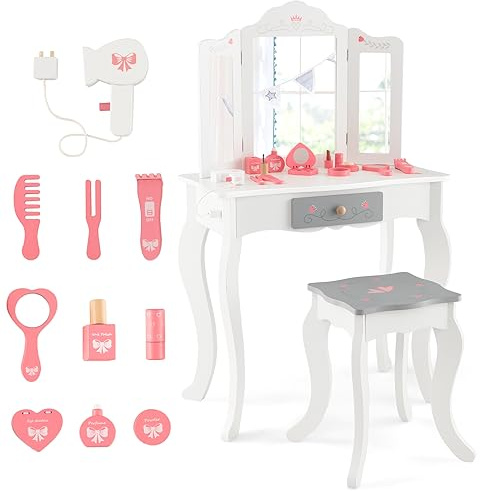 DREAMADE 2 IN 1 Kinder Schminktisch mit 10 TLG. Spielzubehör und Hocker, Prinzessin Frisiertisch mit Schublade, Kosmetiktisch Kinderschminktisch aus Holz für Mädchen ab 3 Jahren, weiß