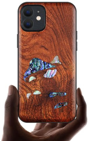 Carveit Bois Etui pour iPhone 12 Magnétique Coque, Incrustation de Coquille de Téléphone Antichoc Compatible avec Apple 12 Étui Magsafe (Rosé-Champignons millésimés)