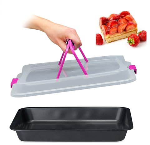 Relaxdays Bandeja de Horno con Tapa, Portatartas 3 en 1, 40,5x32,5cm, Molde Hornear, Cubierta Transporte, Negro/Rosa, Acero