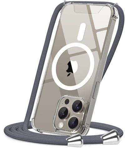 CAROKI Magnetic Crossbody Case for iPhone 15 Pro 6.1, Compatible with MagSafe, Clear Protective Cover with Adjustable Grey Lanyard Necklace Strap, Slim Shockproof Soft TPU & Hard PC Case, Anti-Drop